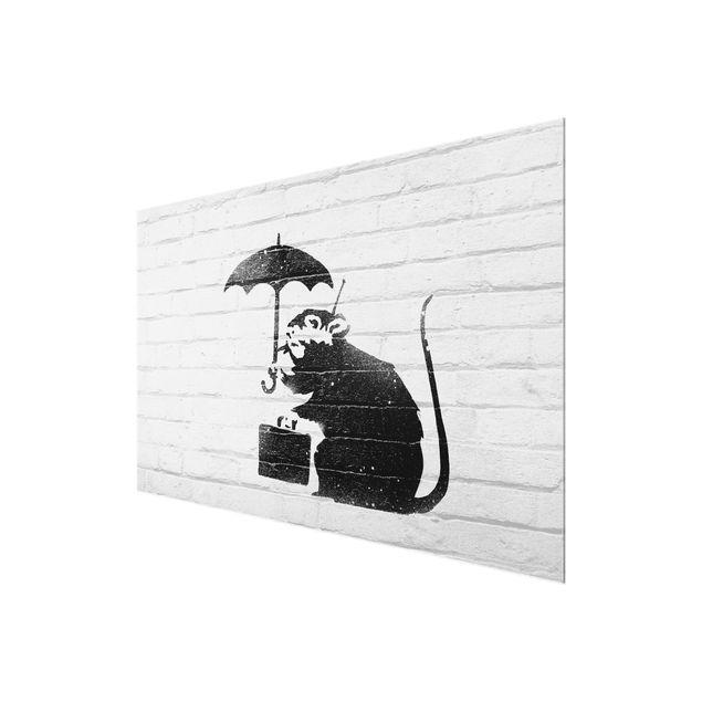 Glasbild - Ratte mit Regenschirm - Brandalised ft. Graffiti by Banksy - Querformat