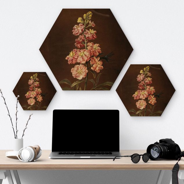 Hexagon-Holzbild - Barbara Regina Dietzsch - Eine rosa Garten-Levkkoje