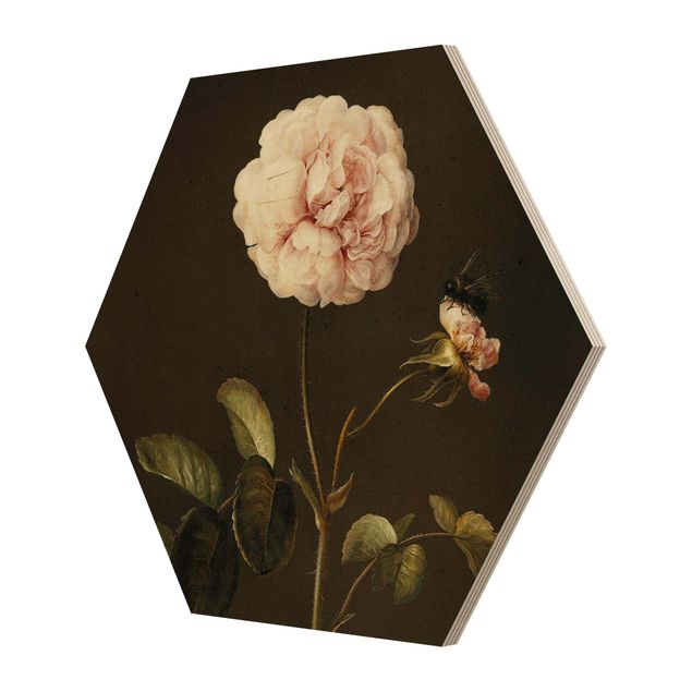 Hexagon-Holzbild - Barbara Regina Dietzsch - Essig-Rose mit Hummel