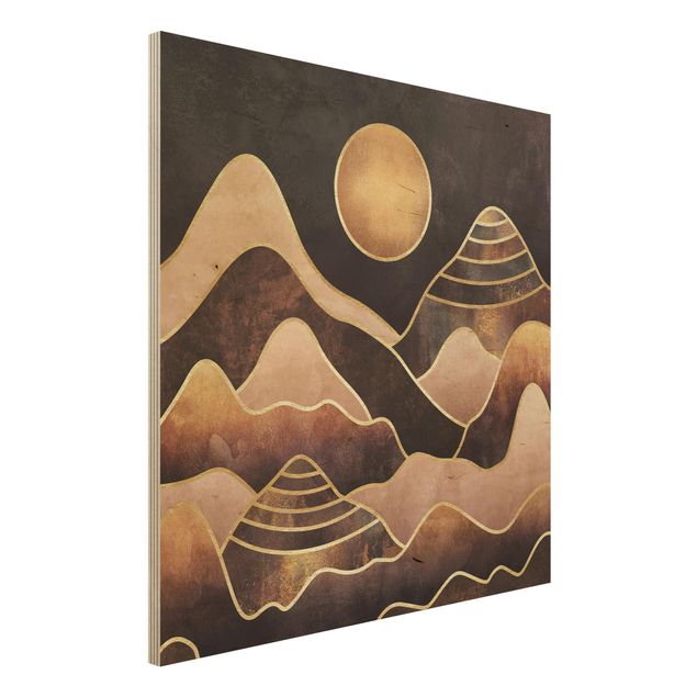 Holzbilder Natur Goldene Sonne abstrakte Berge