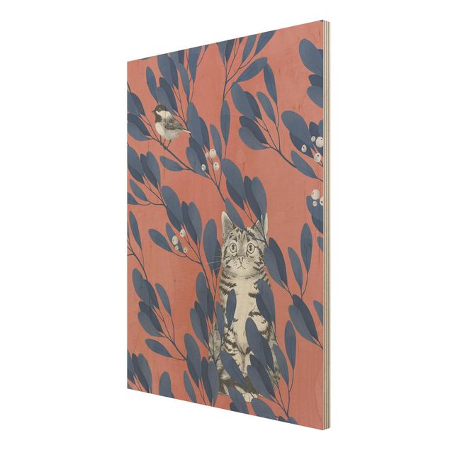 Wandbild Holz Illustration Katze und Vogel auf Ast Blau Rot