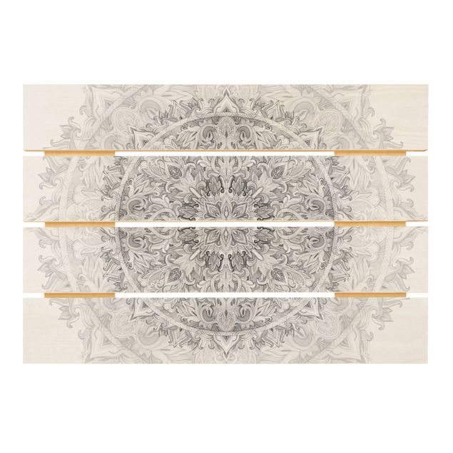 Holzbild - Mandala Aquarell Ornament Muster schwarz weiß - Querformat 2:3