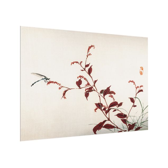 Spritzschutz Asiatische Vintage Zeichnung Roter Zweig mit Libelle