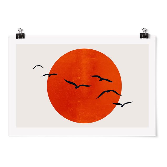 Kubistika Poster Vogelschwarm vor roter Sonne I