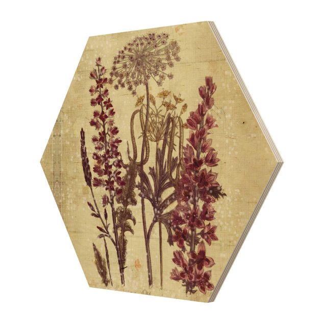 Hexagon Bild Holz - Vintage Leinenoptik Blumen