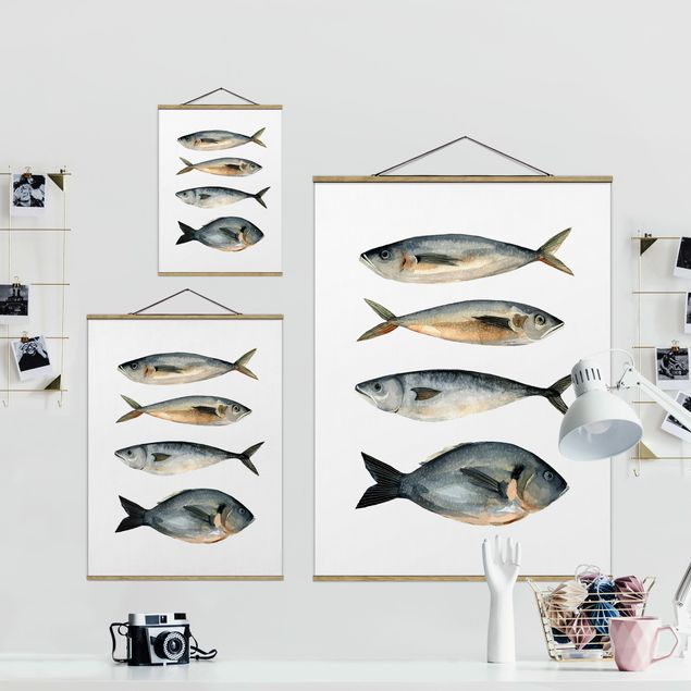 Stoffbild mit Posterleisten - Vier Fische in Aquarell I - Hochformat 3:4