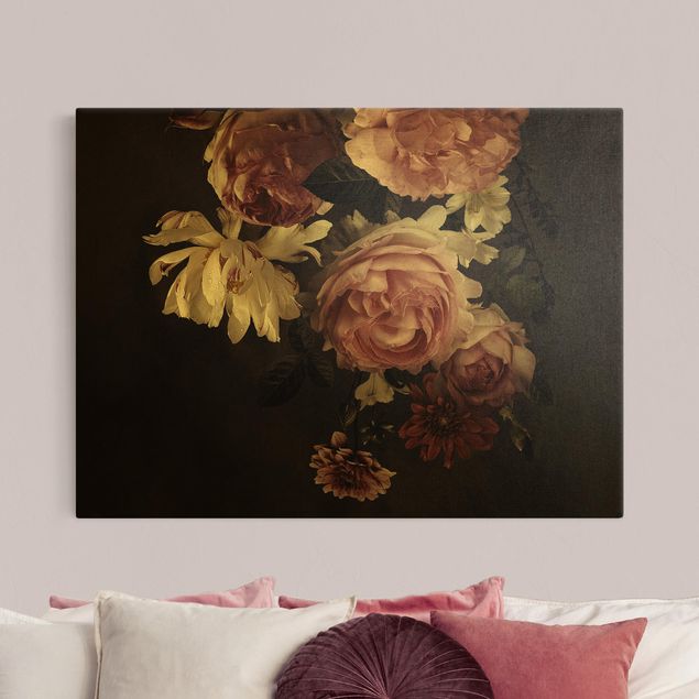 Leinwandbild Gold - Rosa Blumen auf Schwarz Vintage - Querformat 4:3