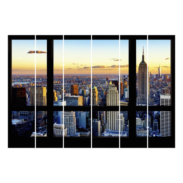 Schiebegardinen Set - Fensterausblick - Sonnenaufgang New York - Flächenvorhänge
