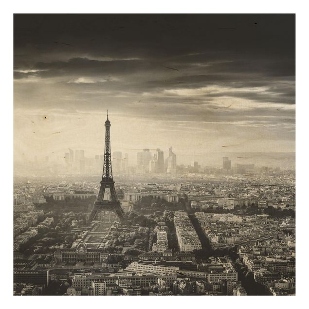 Holzbilder Syklines Der Eiffelturm von Oben Schwarz-weiß