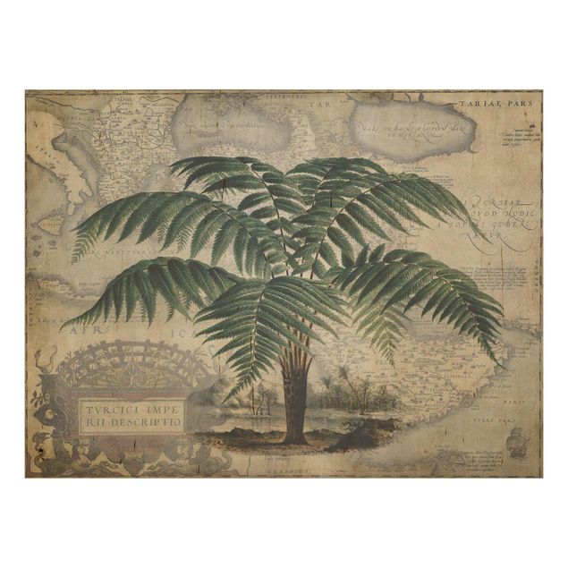 Holzbilder Natur Vintage Collage - Palme und Weltkarte