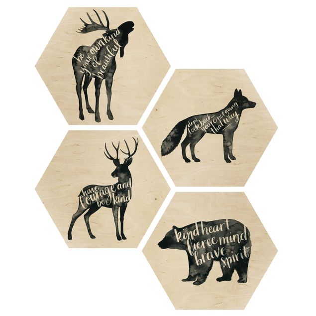 Hexagon Bild Holz 4-teilig - Tiere mit Weisheit Set I