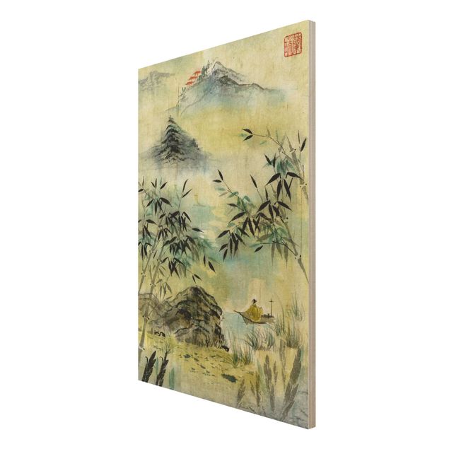 Holzbilder Vintage Japanische Aquarell Zeichnung Bambuswald