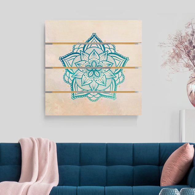 Holzbilder Muster Mandala Hamsa Hand Lotus Set gold blau