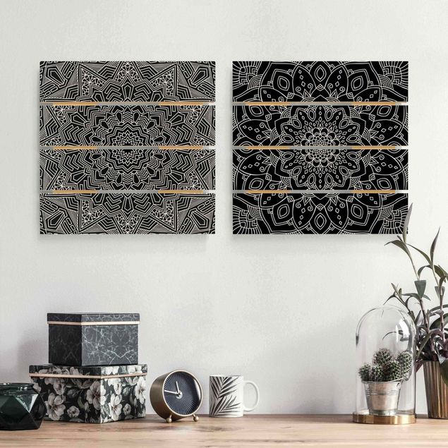 Holzbilder Muster Mandala Blüte Stern Muster schwarz