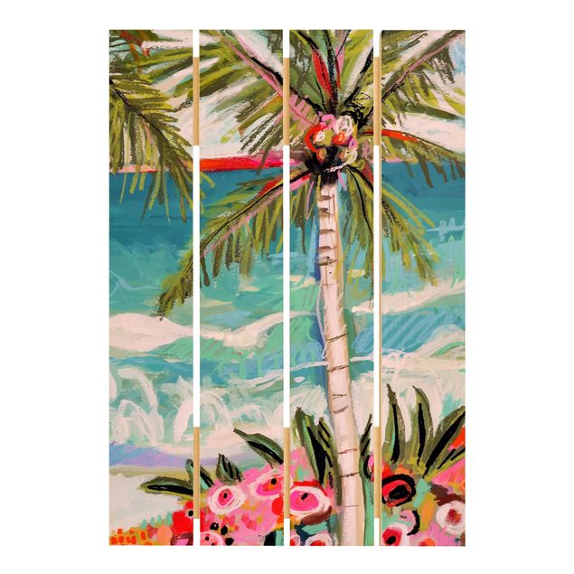Holzbilder Palme mit pinken Blumen II