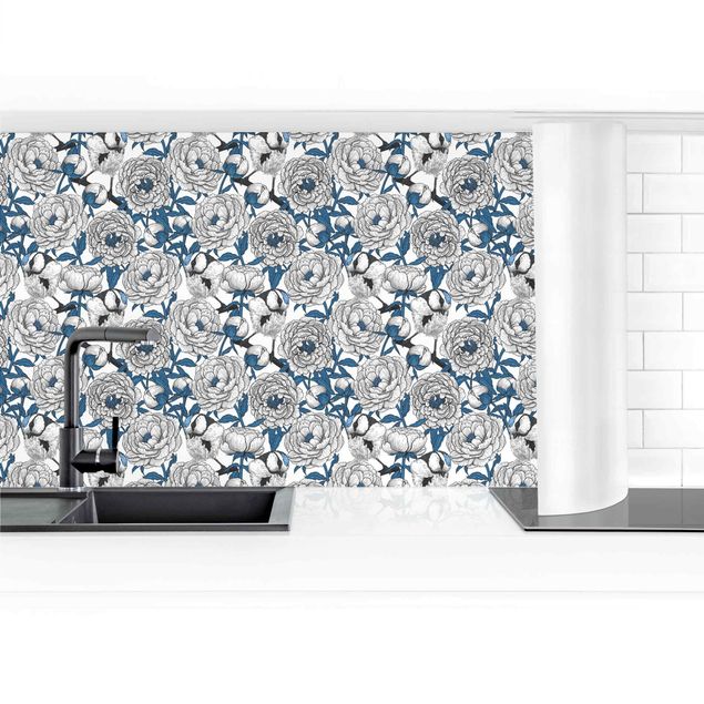 Küchenrückwand selbstklebend Pfingstrosen und Meisen in Weiß und Blau