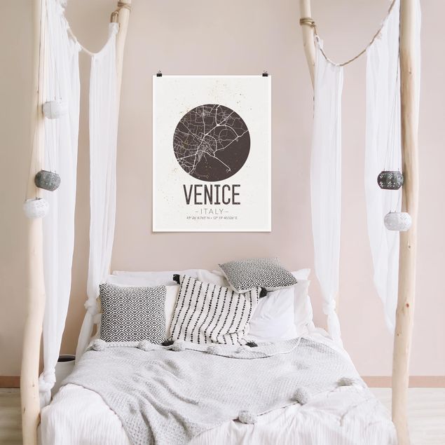 schwarz-weiß Poster Stadtplan Venice - Retro