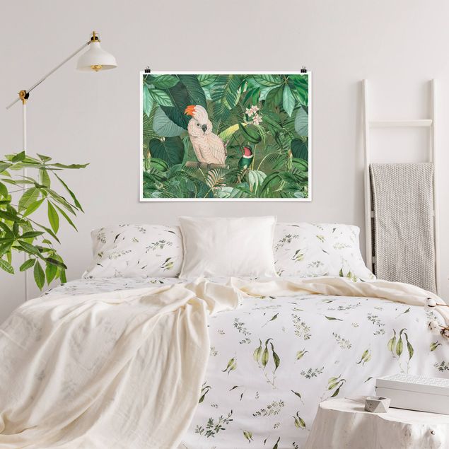 Blumen Poster Vintage Collage - Kakadu und Kolibri