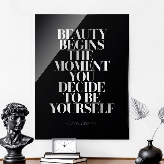 Glas Wandbilder XXL Be yourself Coco Chanel Schwarz