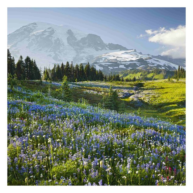 Design Tapeten Bergwiese mit blauen Blumen vor Mt. Rainier