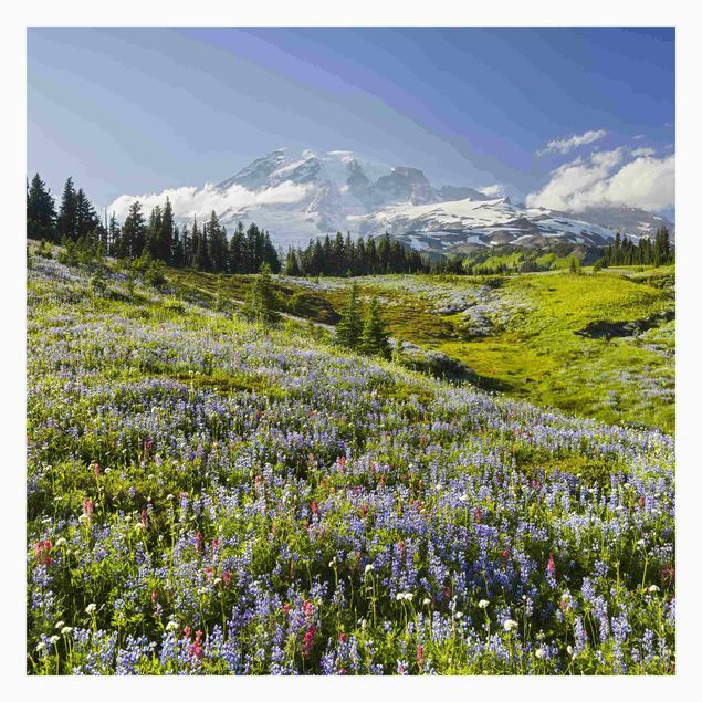 Fototapete - Bergwiese mit Blumen vor Mt. Rainier
