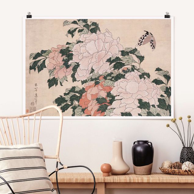 Riesenposter XXL Katsushika Hokusai - Rosa Pfingstrosen mit Schmetterling