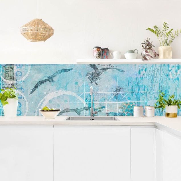 Wandpaneele Küche Bunte Collage - Blaue Fische
