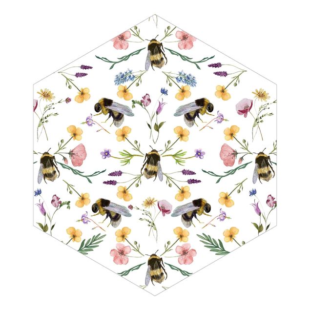 Tapete selbstklebend Bienen mit Blumen