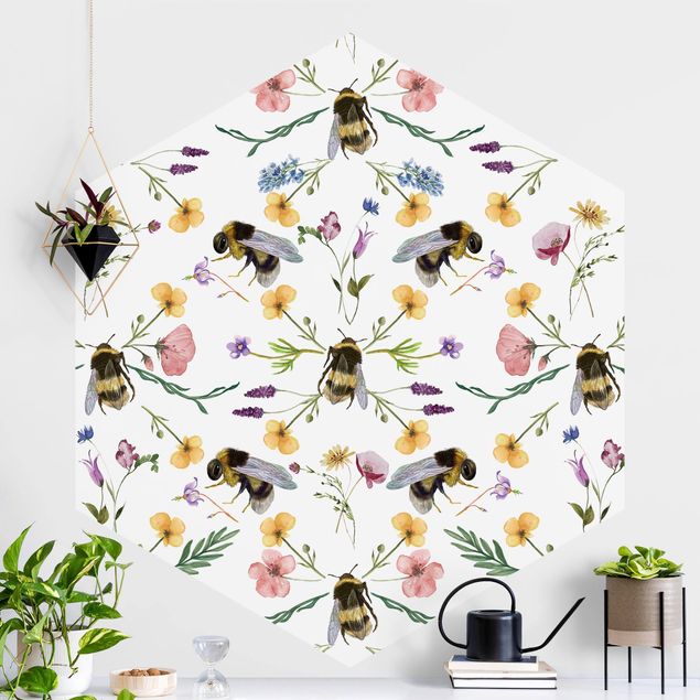 Muster Tapete Bienen mit Blumen
