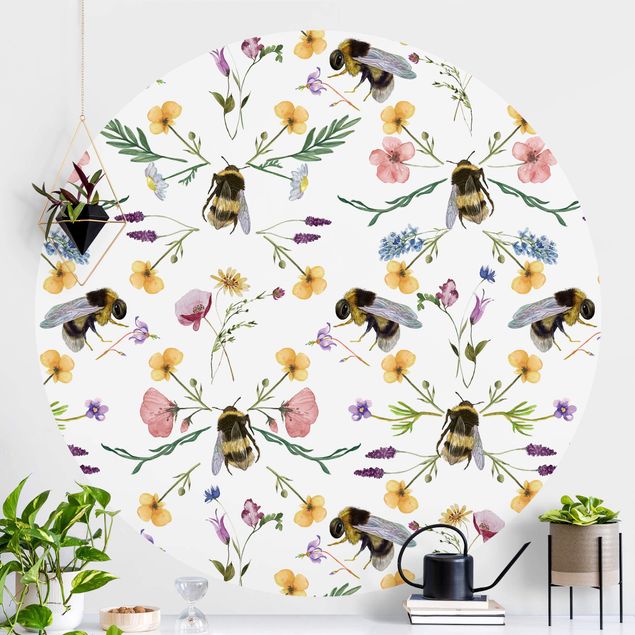 Runde Tapete selbstklebend - Bienen mit Blumen