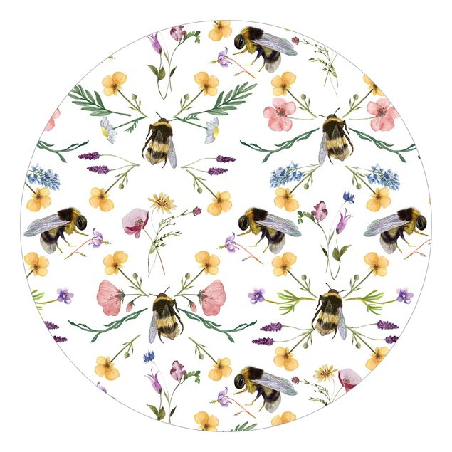 Runde Tapete selbstklebend - Bienen mit Blumen