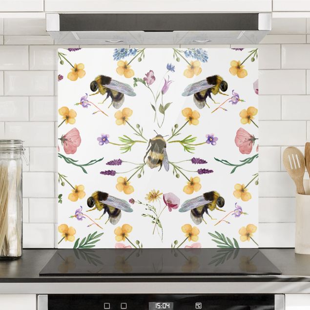 Spritzschutz Glas - Bienen mit Blumen - Quadrat 1:1
