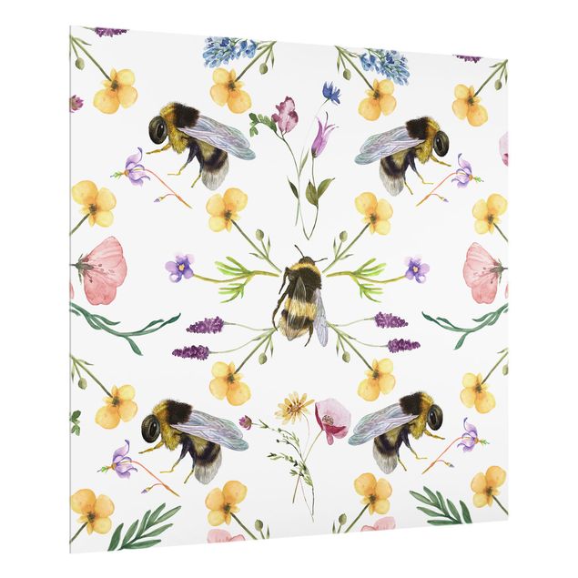 Spritzschutz Glas - Bienen mit Blumen - Quadrat 1:1