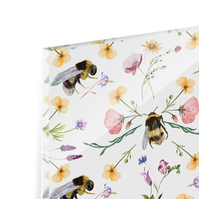 Spritzschutz Glas - Bienen mit Blumen - Panorama 5:2