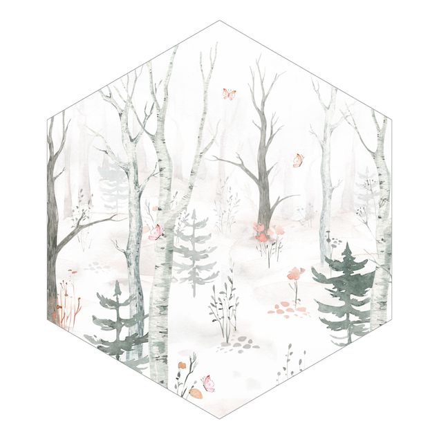 Hexagon Fototapete selbstklebend - Birkenwald mit Mohnblumen