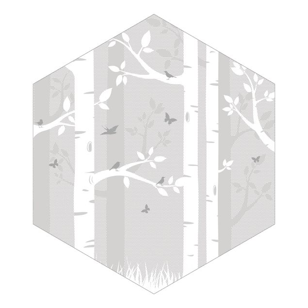 Hexagon Mustertapete selbstklebend - Birkenwald mit Schmetterlingen und Vögel