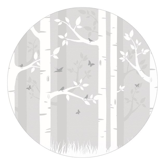 Runde Tapete selbstklebend - Birkenwald mit Schmetterlingen und Vögel