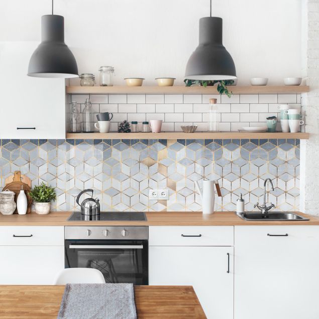 Küchenrückwand - Blau Weiß goldene Geometrie II