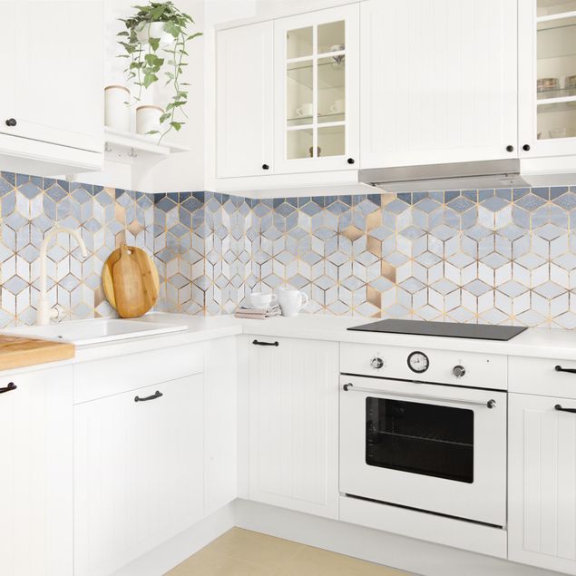 Küchenrückwand - Blau Weiß goldene Geometrie II