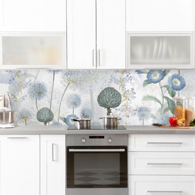 Wandpaneele Küche Blaue Alliumdolden im Wind