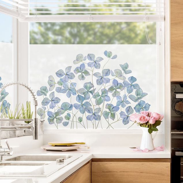 bunte Fensterfolie Blaue Hortensienblüten