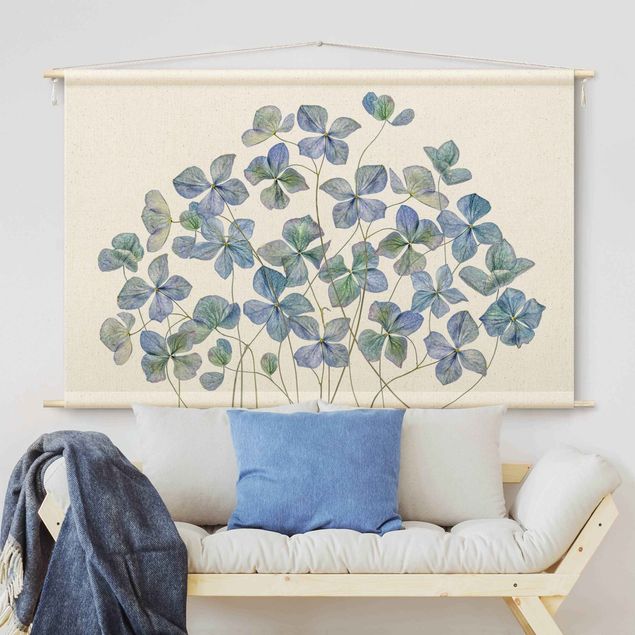 Wandbehang Stoff Blaue Hortensienblüten