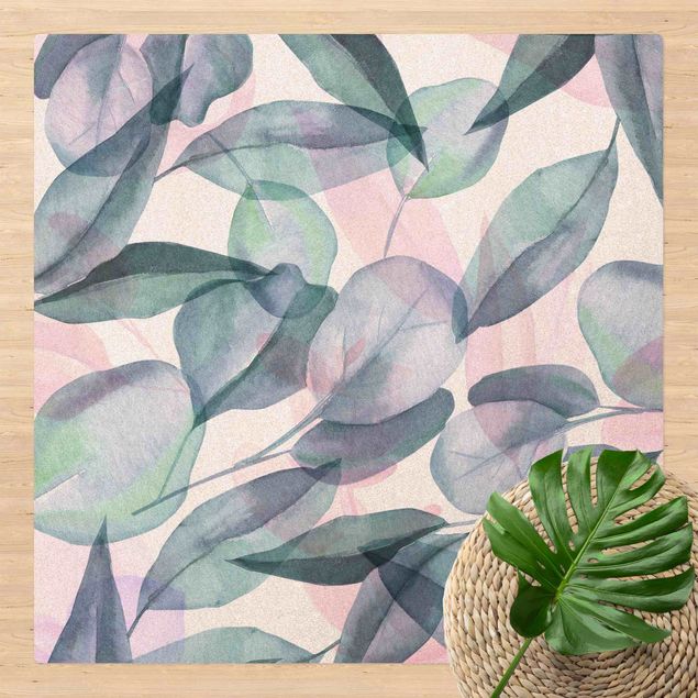 Teppich modern Blaue und Rosane Eukalyptus Aquarellblätter