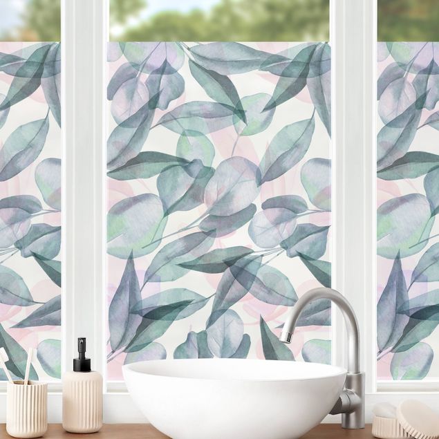 Fensterbilder Blumen Blaue und Rosane Eukalyptus Aquarellblätter