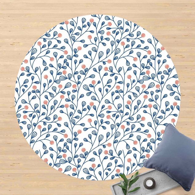 Moderner Teppich Blaues Pflanzen Muster mit Punkten in Rosa