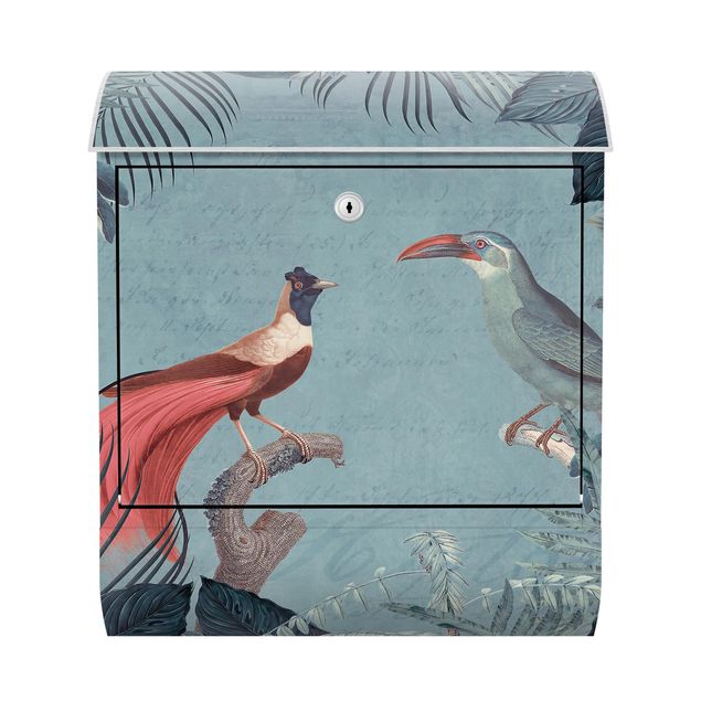 Design Briefkasten Blaugraues Paradies mit tropischen Vögeln