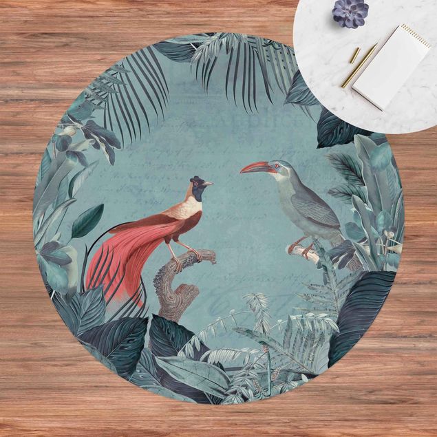 Moderner Teppich Blaugraues Paradies mit tropischen Vögeln