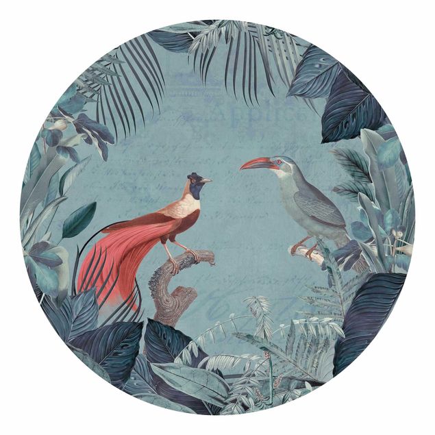 Runde Tapete selbstklebend - Blaugraues Paradies mit tropischen Vögeln
