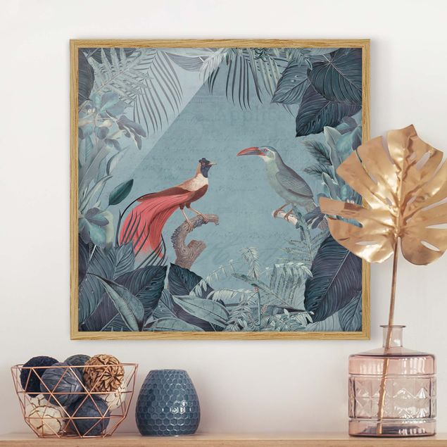 Moderne Bilder mit Rahmen Blaugraues Paradies mit tropischen Vögeln