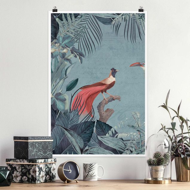 Wand Poster XXL Blaugraues Paradies mit tropischen Vögeln